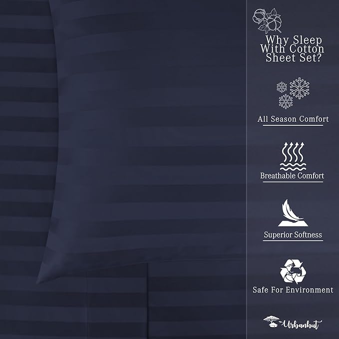 URBANHUT 800 Thread Count 100% Cotton Damask King Size Sheets, 4 Piece Striped King Size Bedsheets, Luxury Hotel Sheets Sateen Weave - Better Than Egyptian, 16" Elasticized Deep Pocket- Navy Blue