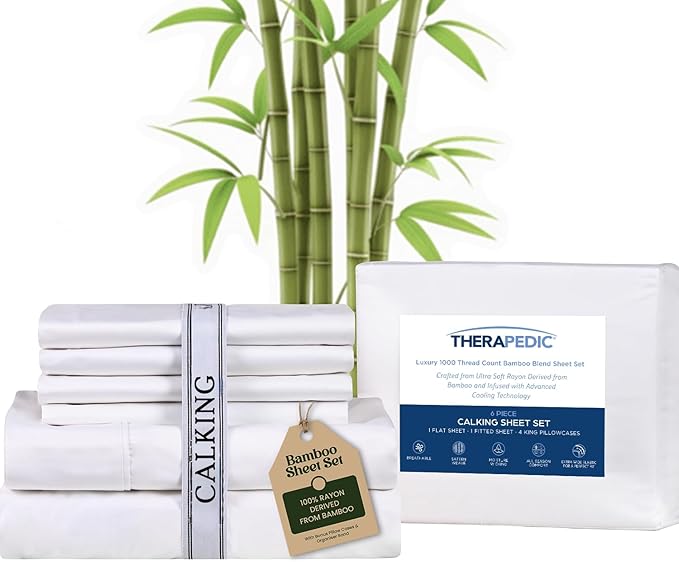Therapedic 1000TC California King 6-Piece Sheet Set - 100% Organic Rayon Derived from Bamboo Blend with Cooling Fiber, Ideal for Hot Sleepers - 16" Deep Pocket Fitted Sheet, Bonus Pillowcases - White