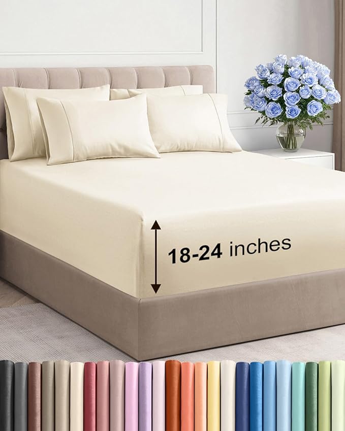 Extra Deep Queen Sheet Set - 6 Piece Breathable & Cooling Sheets - Hotel Luxury Bed Sheets Set - Easy & Secure Fit - Soft, Wrinkle Free & Comfy Sheets Set - Off White Sheet Set with Extra Deep Pockets