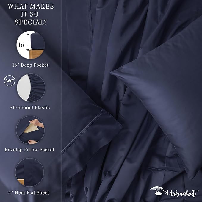 URBANHUT 800 Thread Count 100% Cotton King Size Sheets, Luxury 4 Piece King Bedsheets, Hotel Sheets Sateen Finish - Better Than Egyptian, 16" Elasticized Deep Pocket - Navy Blue