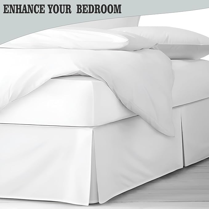 Pleated Bed Skirt King Size, 14" Drop with Platform Design for Secure Fit, Split Corners, Wrinkle-Resistant Microfiber for Modern Stylish Look, Tailored Bedding for Hotel Luxury - White