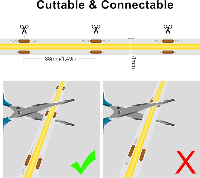 COB LED Strip, White LED Strip Lights 32.8ft, Daylight White 6000K LED Light Dimmable LED Strip, CRI92+, 8mm Width, 24V Flexible COB LED Tape Light for TV, Bedroom, Kitchen Cabinet, Closet.