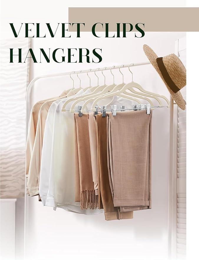Cozymood Velvet Skirt Hangers 72 Packs Ultra Thin Velvet Hanger with Clips Non Slip Pant Hangers Space Saving Clothes Hangers, Clip Hanger for Pants, Skirts, Jeans, Shorts (Beige)