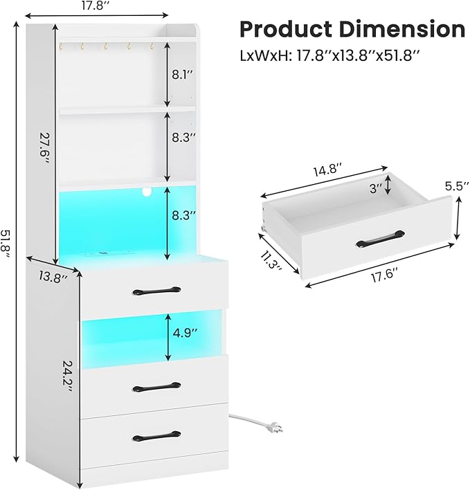 VIAGDO Tall Nightstand with Charging Station and LED Lights, Large White Night Stand with Bookshelf, Modern LED Bedside Table with 3 Drawers and Storage Shelves, End Side Table for Bedrooms, Dorms