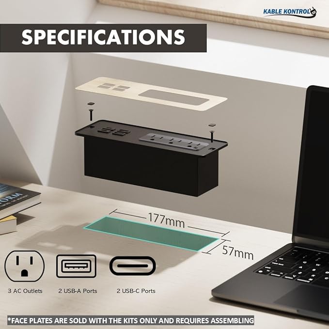 Kable Kontrol Recessed Power Strip Kit with Fast Charging 2 PD65W USB-C Ports, 2 USB-A Ports, 3 Power Desk Outlets, Replaceable Wooden Finish Panel Plate Flush Mount Charging Station Grommet - 5 Pcs