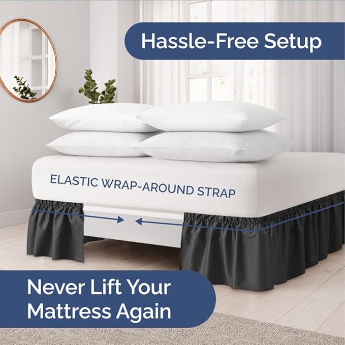 Wrap Around Dust Ruffle Bed Skirt - Black - for King Size Beds with 15 Inch Drop - Easy Fit Elastic Strap - Adjustable Pleated Bedskirt w/Brushed Fabric - Wrinkle Free - for Women, Men, Kids & Teens