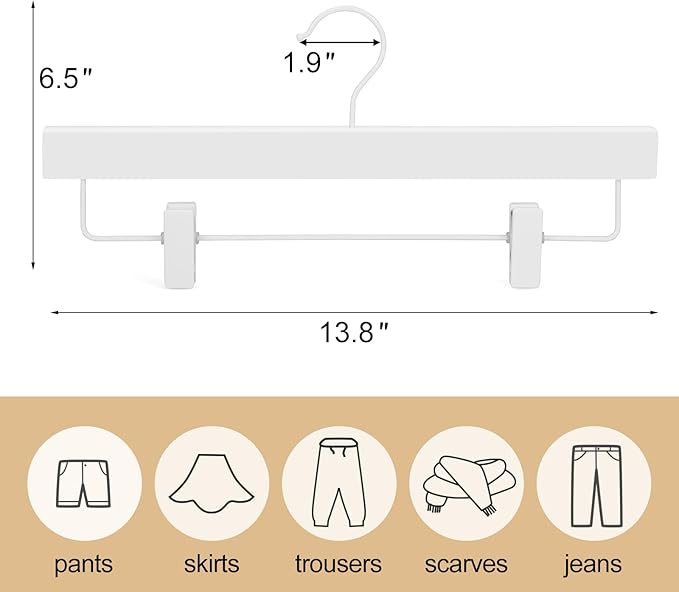 TOPIA HANGER Lotus Wood Pants Hangers, Skirt Short Bridal Trousers Slacks Hangers with 2 Premium Adjustable White Metal Clips with Rubber Stopper Padded 360° Swivel White Hook 20 Pack, CT55W20