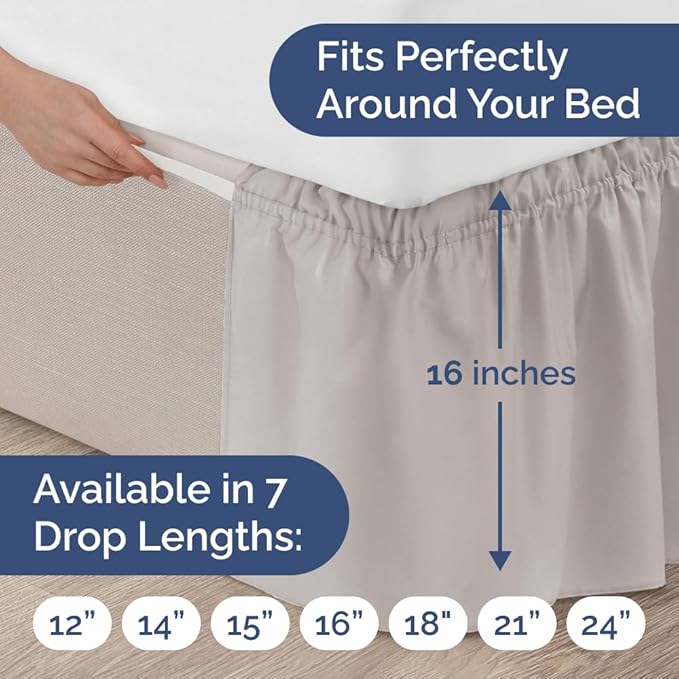 Wrap Around Dust Ruffle Bed Skirt - Light Grey - for Full Size Beds w/ 16 Inch Drop - Easy Fit Elastic Strap - Adjustable Pleated Bedskirt with Brushed Fabric, Wrinkle Free Women, Men, Kids and Teens