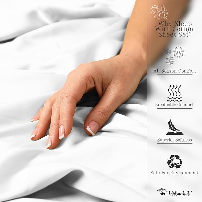 URBANHUT 800 Thread Count 100% Cotton Queen Size Sheets, Luxury 4 Piece Queen Bedsheets, Hotel Sheets Sateen Finish - Better Than Egyptian, 16" Elasticized Deep Pocket - White