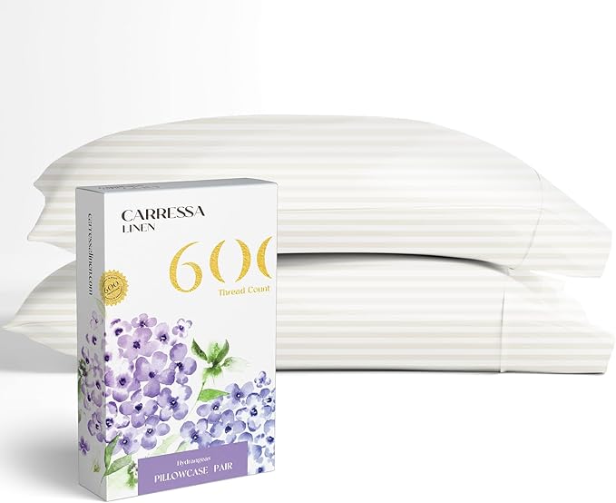 Carressa Linen 100% Egyptian Cotton Pillow Cases Queen Size Set of 2 - Luxury 600 Thread Count Stripe Ivory Standard/Queen Size Pillowcases, Silky Soft, Cooling Hotel Quality Damask Pillow Cover
