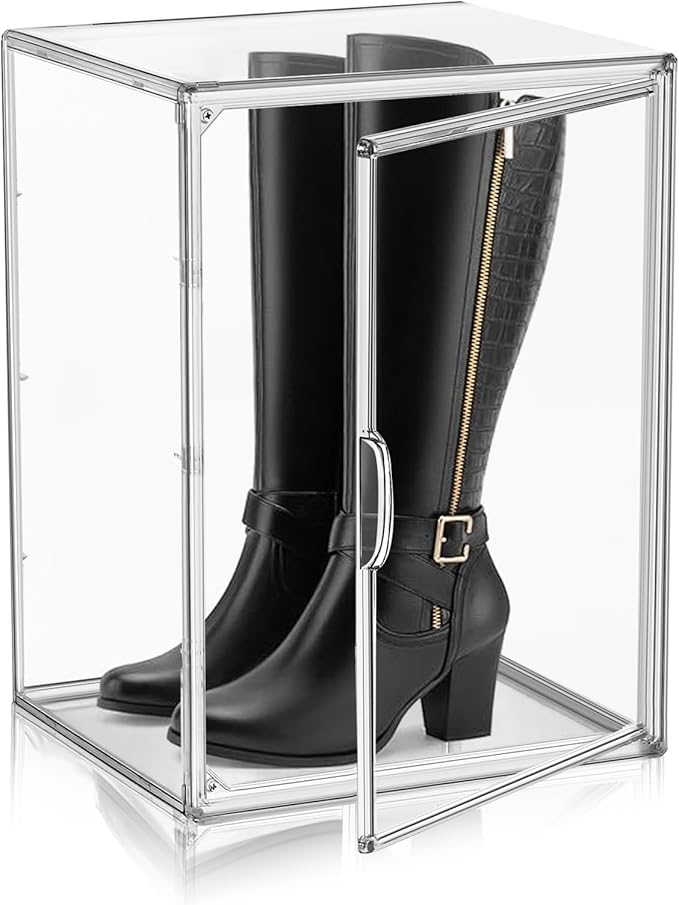 XX-Large Acrylic Display Case 11.4'' x 9.8'' x 15.3'', Boot Boxes for Tall Boots Size 15, Large Sneaker Shoe Box Clear Stackable Storage Boxes for Collectibles Handbag Organizer with Magnetic Lids