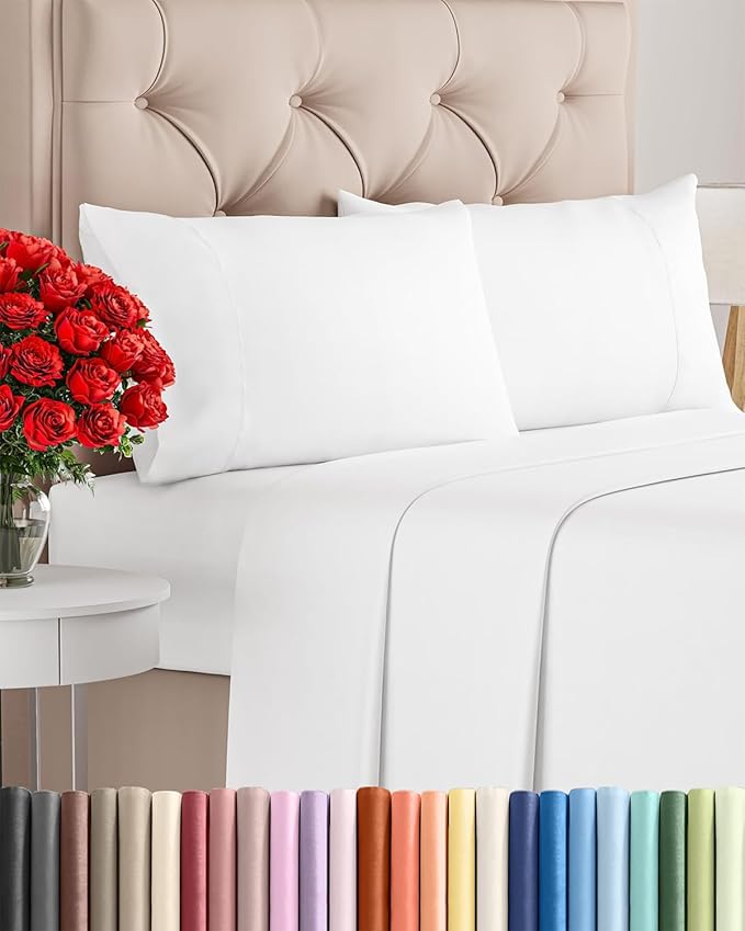 Twin 4 Piece Sheet Set - Cooling, Comfy & Breathable - Hotel Luxury Bedding, Includes Fitted Sheet for Women, Men, Kids and Teens - 1 Flat, 1 Fitted Sheet, 2 Pillowcases with Deep Pockets - White