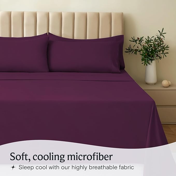 LuxClub 3 PC Twin Sheet Set, Deep Pockets Wrinkle Free Cooling Bed Sheets Hotel Bedding for Women, Men, Kids & Teens, Includes 1 Fitted Sheet, 1 Flat Sheet and 1 Pillowcase-Silky Soft Eggplant
