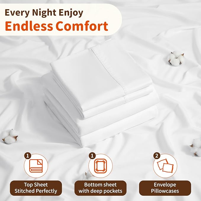 LBRO2M 100% Cotton Sheets Set Deep Pocket 24", 1000 Thread Count King Size 4 Piece Bed Sheet Sets Soft Comfortable Bedding All Season (King, White)