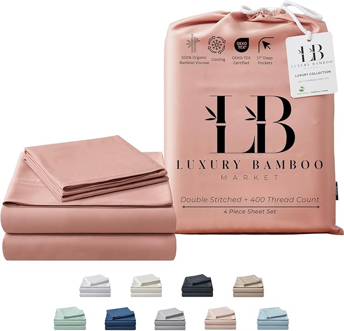 Split King Size Sheet Set | 2 Fitted Sheets for Sleep Number & Adjustable Beds | Organically Grown | Ultra Soft & Cooling |100% Viscose | 17" Deep Pocket [Rose Quartz]