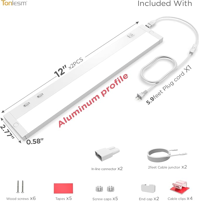 12 Inch Under Cabinet Lighting Plug in, 7W 120V 3 Color 3000K/4000K/5000K, 3 Brightness, Super Bright, Ultra Thin Under Counter Lights for Kitchen, Linkable LED Cabinet Light, White 2Pack