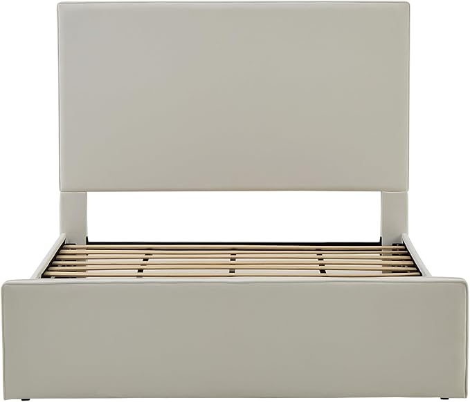 Queen Size Upholstered Bed Frame, 52" High Headboard Wingback Bedframe, Lucas Tall Headboard Floor Platform Beds, No Box Spring Needed No Noise/Minimalist/Coconut Micro Suede, White