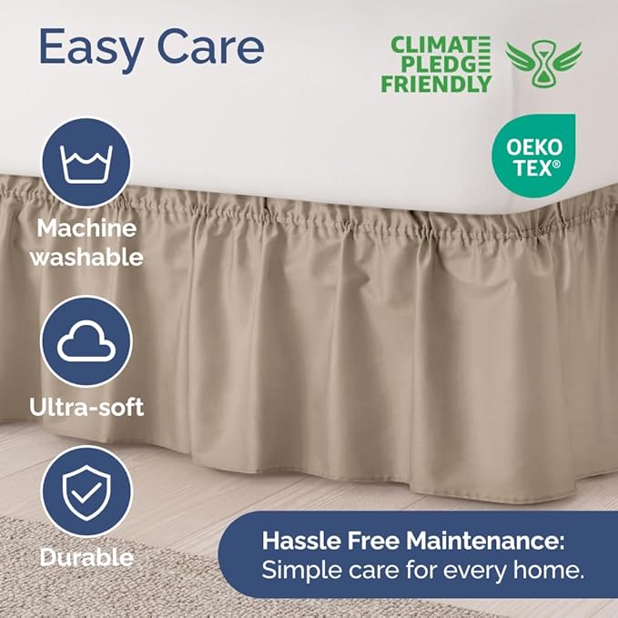 Wrap Around Dust Ruffle Bed Skirt - Cream - for Twin Size Beds w/ 16 Inch Drop - Easy Fit Elastic Strap - Adjustable Pleated Bedskirt w/Brushed Fabric, Wrinkle & Fade Free Women, Men, Kids & Teens