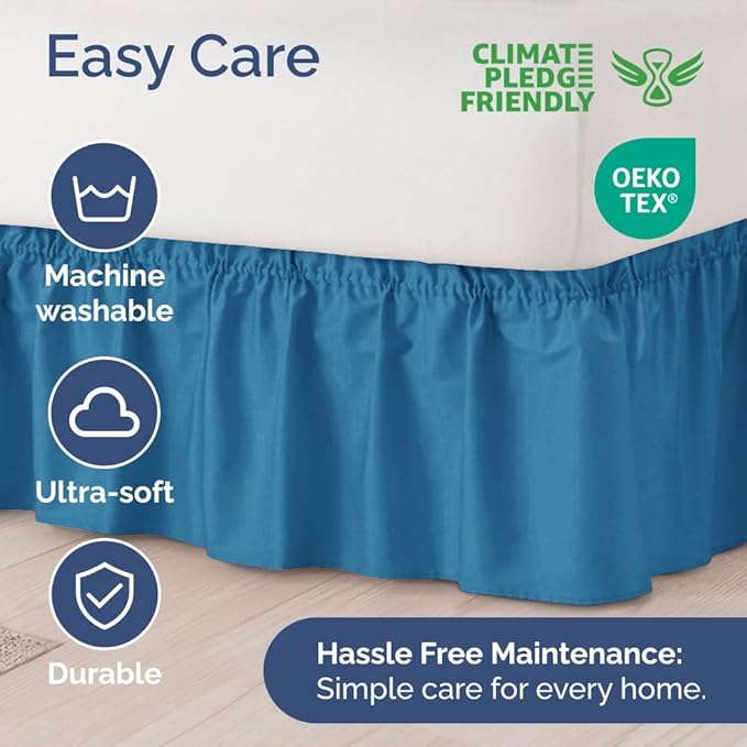 Wrap Around Dust Ruffle Bed Skirt - Denim Blue - Twin/Twin XL Size Beds with 18 Inch Drop - Elastic Strap - Adjustable Pleated Bedskirt with Brushed Fabric and Wrinkle Free - Women, Men, Kids & Teens