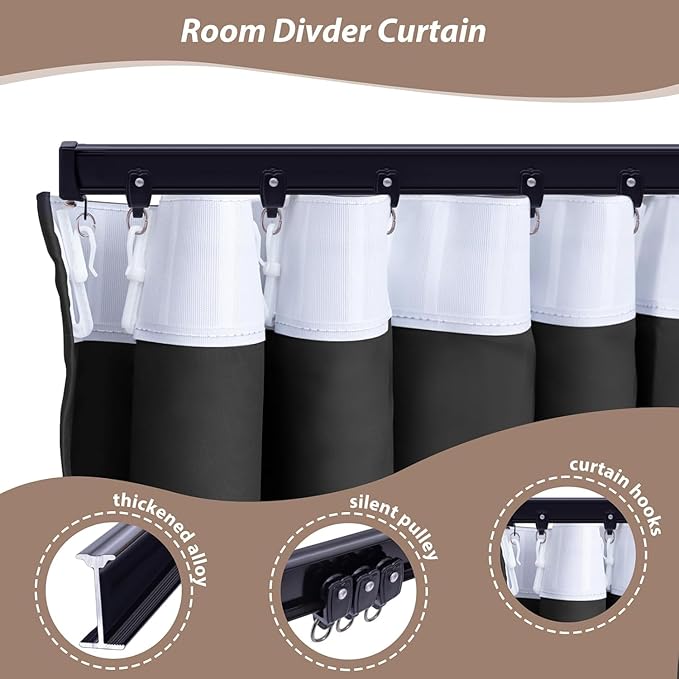 Room Divider Curtains with Ceiling Curtain Track Set Window Curtain for Bedroom,Living Room Total Blackout Thermal Insulated Privacy Ceiling Track Curtain W 15 × H 8 FT Grey drape&Black track