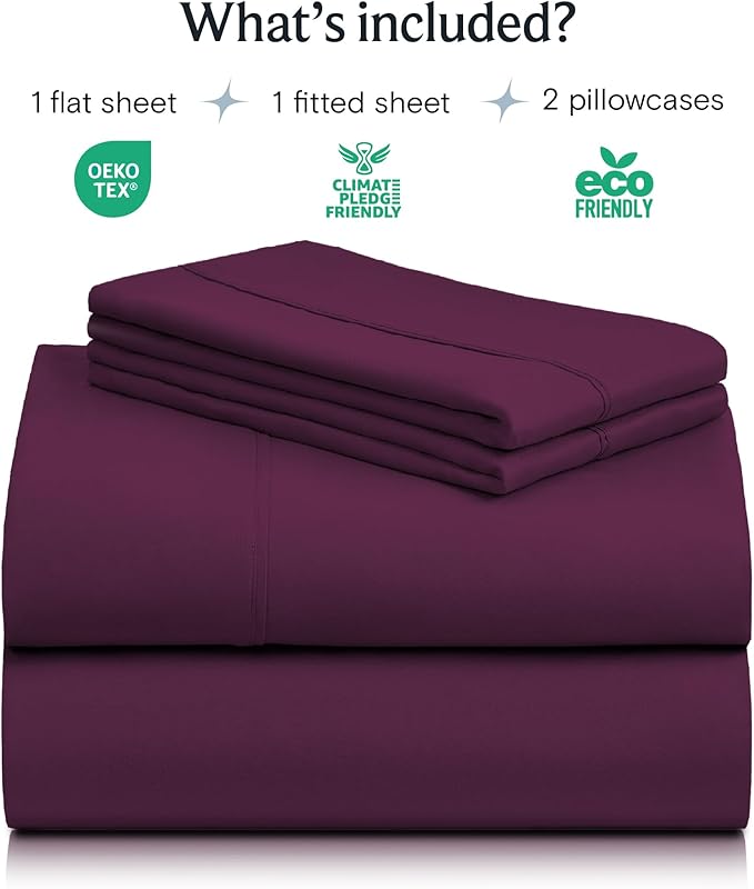 LuxClub 4 PC King Sheet Set, Deep Pockets Wrinkle Free Cooling Bed Sheets Hotel Bedding for Women, Men, Includes 1 Fitted Sheet, 1 Flat Sheet and 2 Pillowcases-Soft Eggplant
