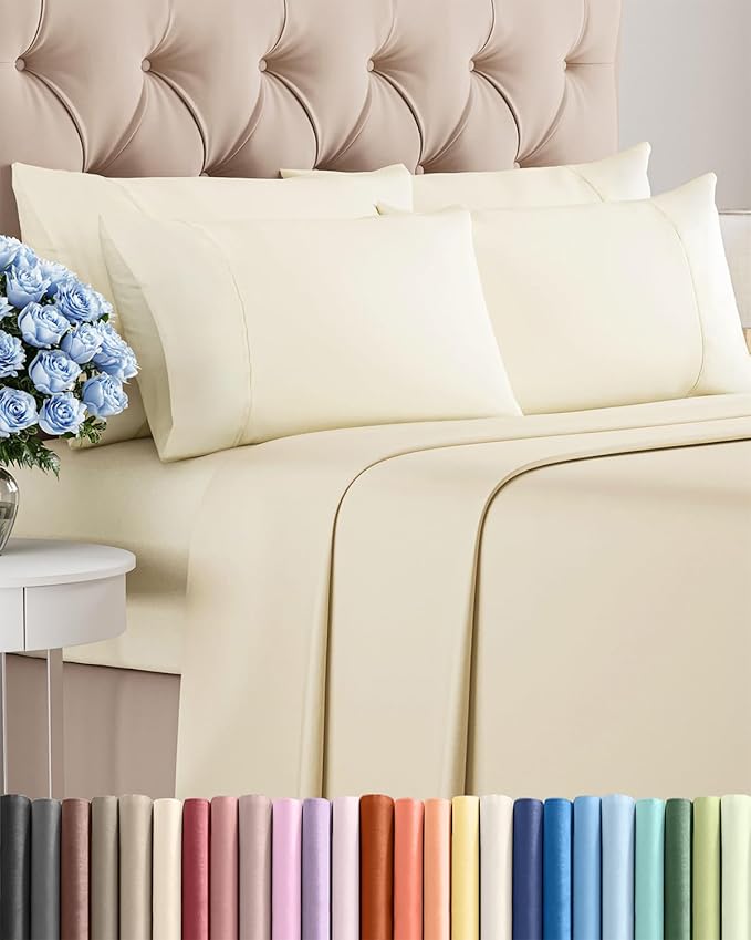 Cal King 6 Piece Sheet Set - Cooling, Comfy & Breathable - Hotel Luxury Bedding, Includes Fitted Sheet for Women, Men, Kids & Teens - 1 Flat, 1 Fitted Sheet, 4 Pillowcases w/Deep Pockets - Off White