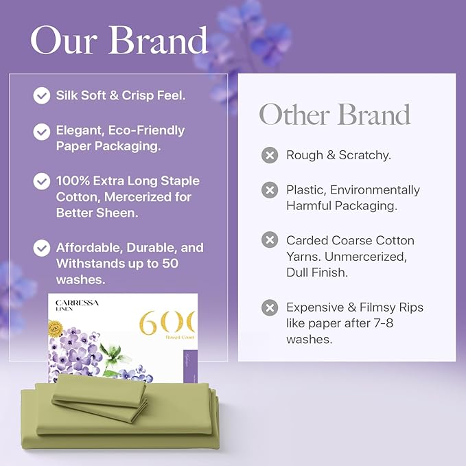 Carressa Linen 100% Egyptian Cotton Twin XL Sheets Set - 600 Thread Count Luxury Egyptian Cotton Sheets Twin XL Size (3 PC, Herb Garden), 16" Deep Pocket, Soft, Cooling, Sateen Weave Dorm Room Bedding