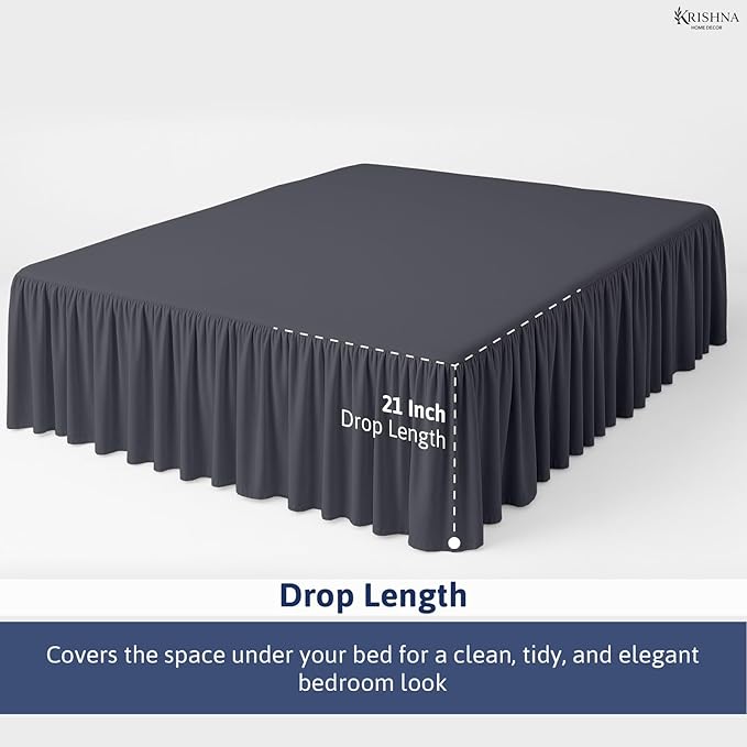KRISHNA Ruffled Bed Skirt with Split Corners Full, 100% Microfiber Hotel Quality, 21 Inch Drop Dust Ruffle Gathered Bedskirt with Platform, 54" x 75", Dark Grey