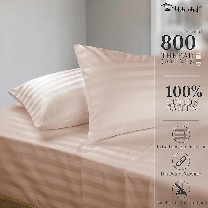 URBANHUT 800 Thread Count 100% Cotton Damask Queen Size Sheets, 4 Piece Striped Queen Size Bedsheets, Luxury Hotel Sheets Sateen Weave - Better Than Egyptian, 16" Elasticized Deep Pocket- Blush Pink