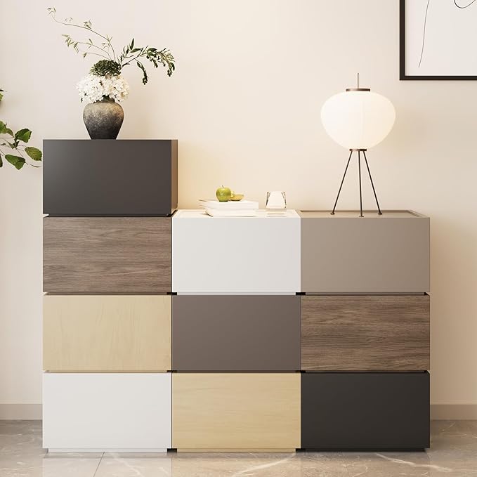 Modular Stackable Drawers, Modern Nightstand Modular Storage Bins - Storage Cabinet, Bedside Table, Sofa End Table for Living Room Hallway Entryway Grey Small Set 1