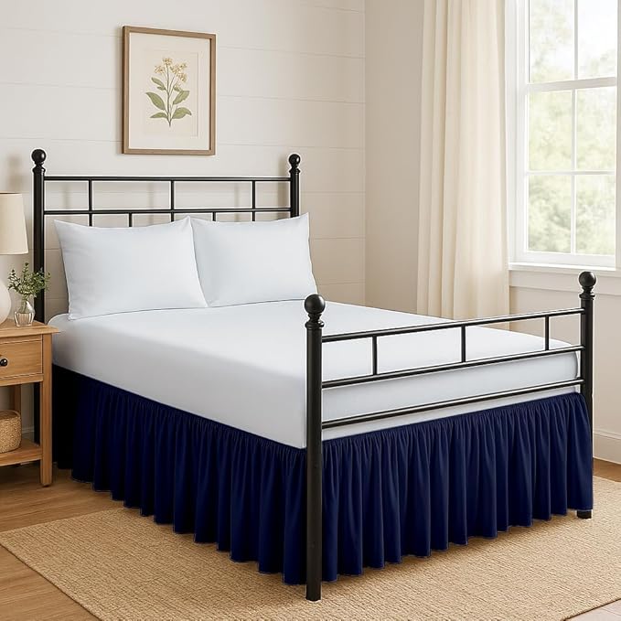 Ruffled Bed Skirt Split Corners with Platform, Tailored Fit Hotel Quality Wrinkle Free Ultra-Soft Microfiber Dust Ruffle, Upto 12 Inch Drop, Full, Navy Blue