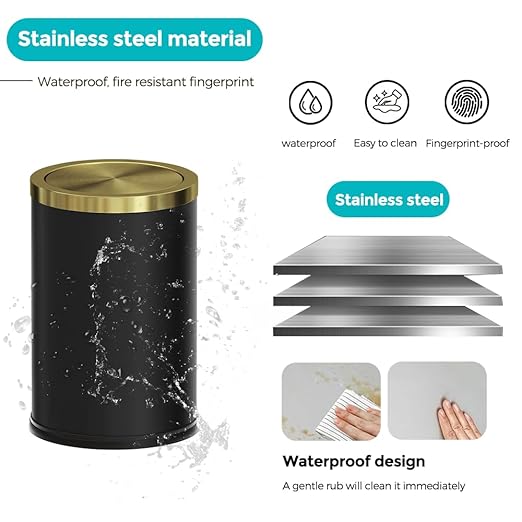 9L / 2.4 Gallon Black Metal Trash can with Lid, Fingerprint-Proof Garbage Can with Removable Inner, Metallic Gold Wastebasket for Bathroom,Bedroom,Dorm,Office,Hotel (Black Double Layers)