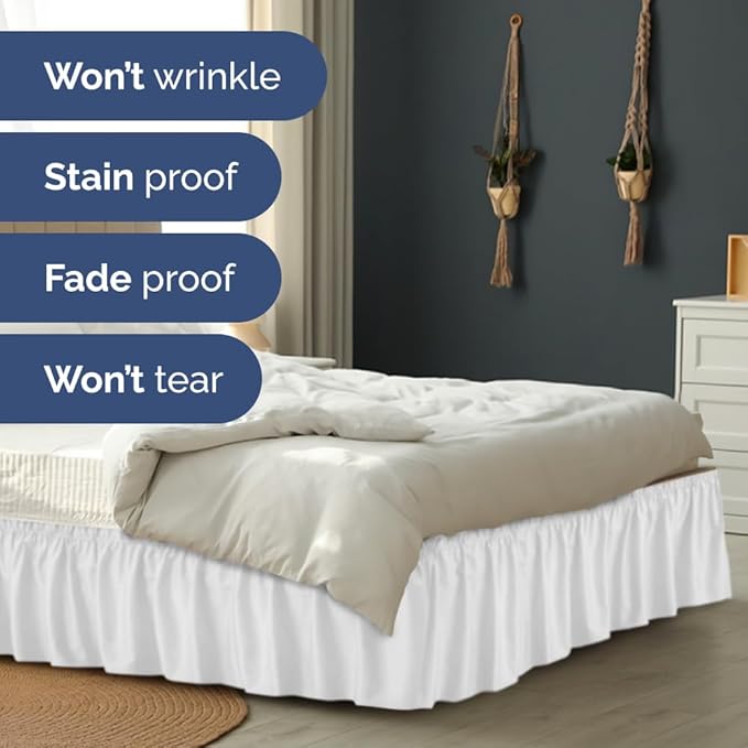 Wrap Around Dust Ruffle Bed Skirt - White - for Full Size Beds w/ 14 Inch Drop - Easy Fit Elastic Strap - Adjustable Pleated Bedskirt w/Brushed Fabric, Wrinkle & Fade Free Women, Men, Kids & Teens