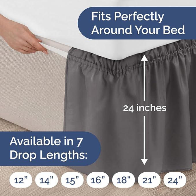 Wrap Around Dust Ruffle Bed Skirt - Dark Grey - for Queen Size Beds with 24 Inch Drop - Elastic Strap - Adjustable Pleated Bedskirt with Brushed Fabric and Wrinkle Free - for Women, Men, Kids & Teens