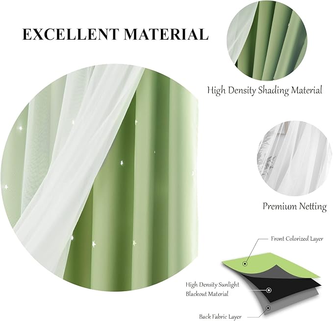 Stars Double Layer Blackout Curtains for Bedroom Kids, 72 Inches Long 2 Panels Set, Green
