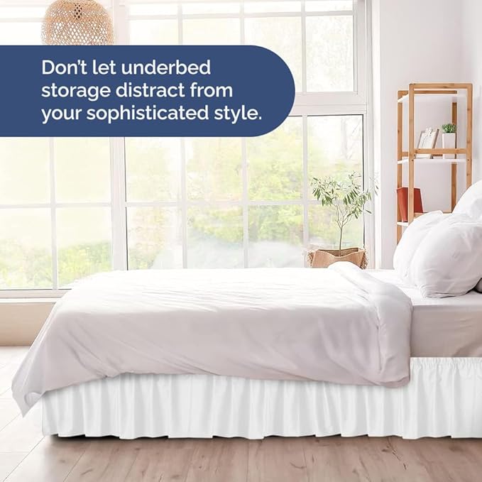 Wrap Around Dust Ruffle Bed Skirt - White - for Twin Size Beds w/ 16 Inch Drop - Easy Fit Elastic Strap - Adjustable Pleated Bedskirt w/Brushed Fabric, Wrinkle & Fade Free Women, Men, Kids & Teens