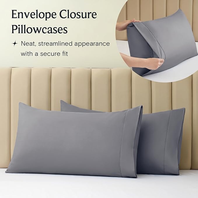 LuxClub 4 PC Extra Deep Pocket Split King Sheet Set, Wrinkle Free Cooling Bed Sheets Hotel Bedding for Women, Men, Includes 1 Fitted Sheet, 1 Flat Sheet and 2 Pillowcases- Light Grey