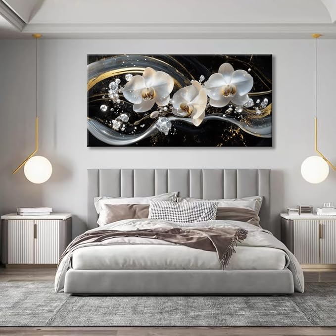 White Orchid Canvas Wall Art - Modern Floral Picture for Living Room, Bedroom Wall Decor, Framed Wall Art for Home Decoration, Elegant Flower Paintings Ready to Hang, Large Wall Art 75x150cm(30x60in)