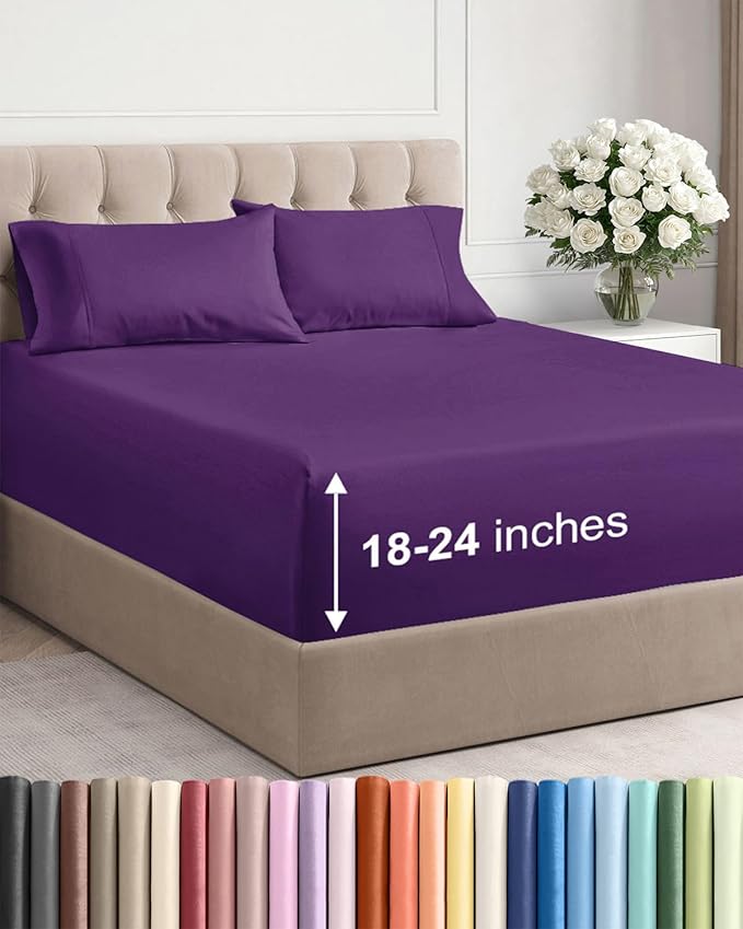 Extra Deep Twin Sheet Set - 4 Piece Breathable and Cooling Sheets - Hotel Luxury Bed Sheets Set - Easy & Secure Fit - Soft, Wrinkle Free and Comfy Sheets Set - Purple Sheet Set with Extra Deep Pockets