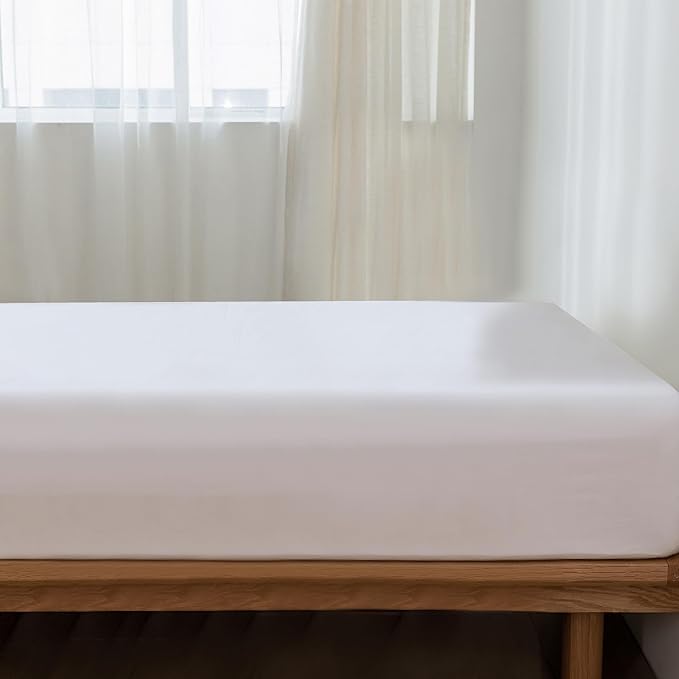 MooMee Fitted Bottom Sheet Only 100% Washed Cotton Linen Like Textured Breathable Durable Soft Comfy Deep Pocket Fits Mattress up to 17" (Bright White, California King)