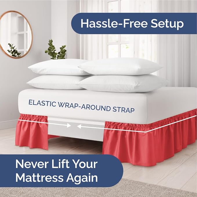 Wrap Around Dust Ruffle Bed Skirt - Red - for Full Size Beds with 15 Inch Drop - Easy Fit Elastic Strap - Adjustable Pleated Bedskirt w/Brushed Fabric - Wrinkle Free - for Women, Men, Kids & Teens