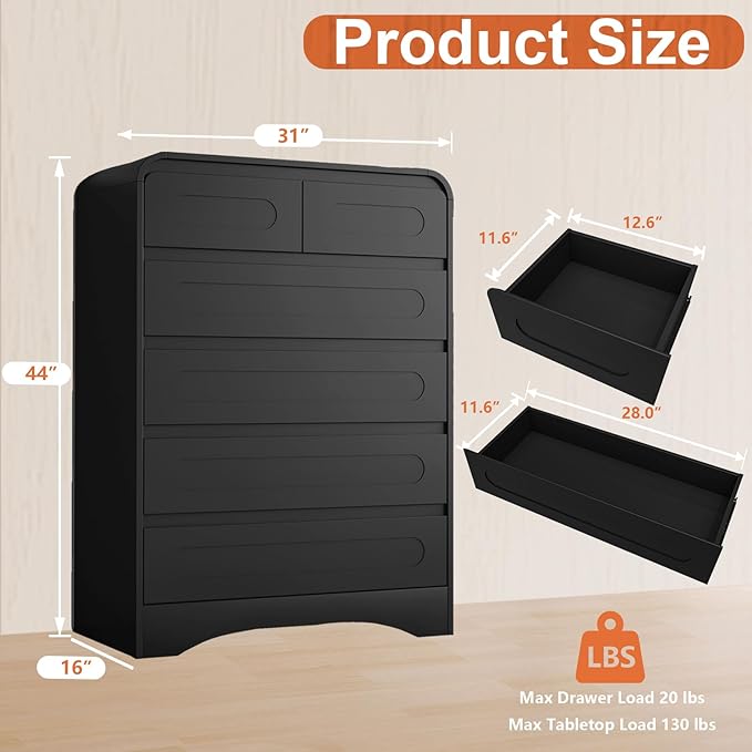 4 Pcs Bedroom Set, Dresser and Nightstand Sets, Including Modern Wooden Tall 6 Drawer Dressers, Wide 6 Drawers Dresser & Night Stand Set of 2 for Bedroom, Black