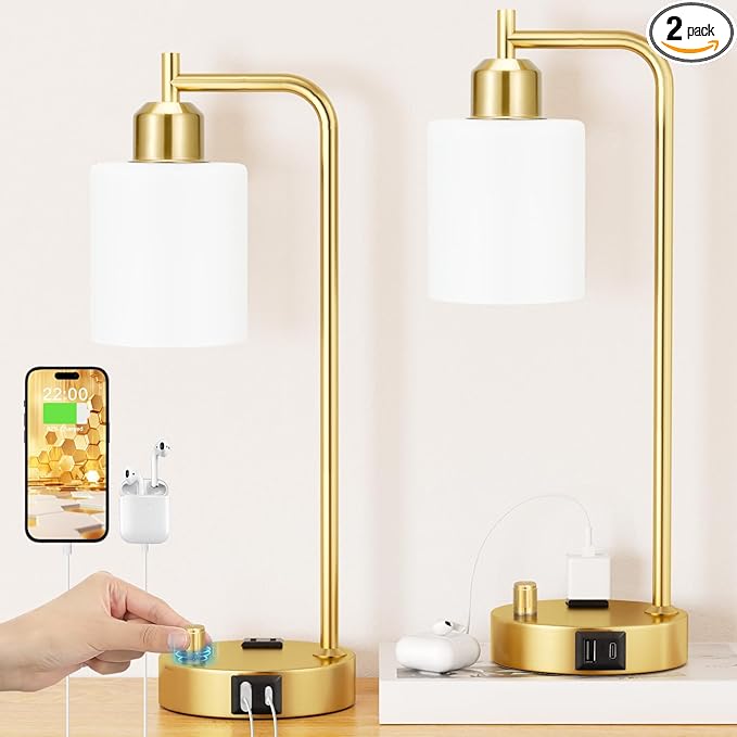 Innqoo Industrial Table Lamps for Bedroom Set of 2 - Fully Dimmable Bedside Lamps with USB Ports and Outlet, Gold Nightstand Lamps with Opal Glass Shade for Living Room, Desk Lamps for Office Reading