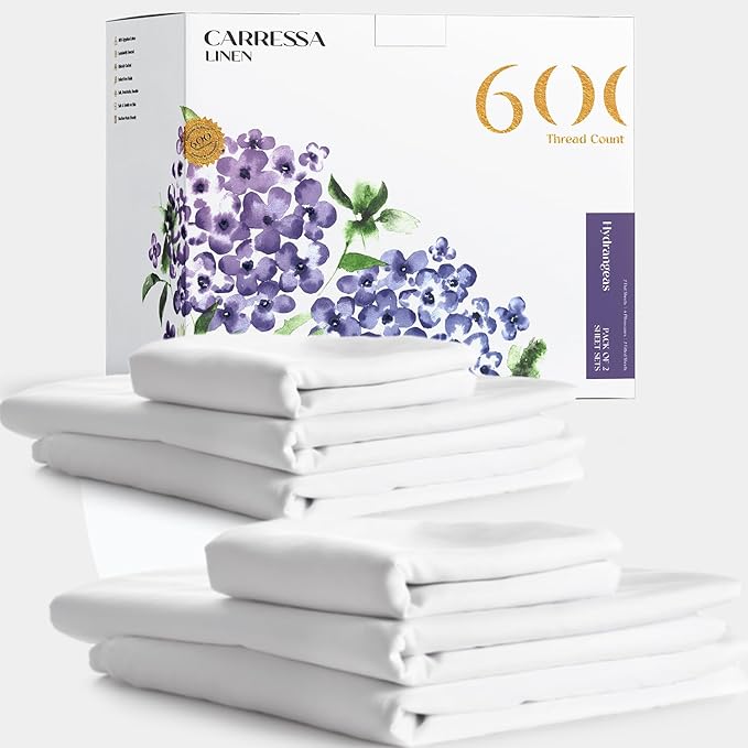 Carressa Linen 100% Egyptian Cotton Queen Sheet Set - 600 Thread Count Egyptian Cotton Queen Sheets Set (4 PC, Crisp White), Ultra Soft, Cooling, 16" Deep Pocket Sateen Weave Luxury Hotel Bed Sheet