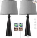 Seealle Modern Table Lamps Set of 2 - Touch Bedside Lamp for Nightstand with Dual USB C+A,3-Way Dimmable Black Nightstand Lamps for Living Room Bedroom End Table with Grey Shade(Bulb Included)