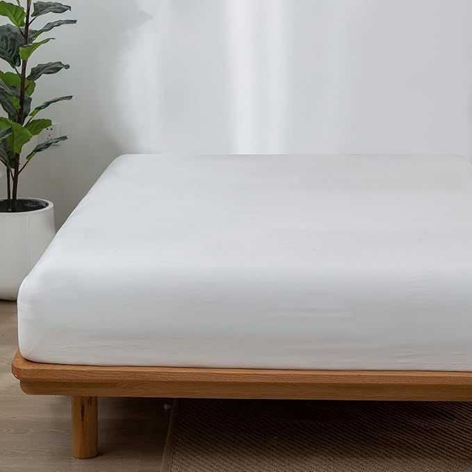 MooMee Fitted Bottom Sheet Only 100% Washed Cotton Linen Like Textured Breathable Durable Soft Comfy Deep Pocket Fits Mattress up to 17" (Off White, California King)