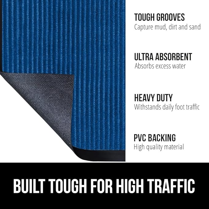 GORILLA GRIP Waterproof Traffic Guard Door Mat, Heavy Duty Entryway Mats, Strong Rubber Back Commercial Utility Rugs for Office Hallway, Garage Floor and Home, Low Profile Carpet Runner, 29x17, Blue