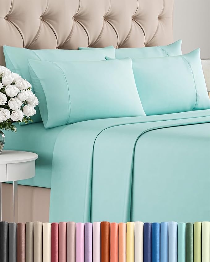 Full 6 Piece Sheet Set - Cooling, Comfy & Breathable - Hotel Luxury Bedding, Includes Fitted Sheet for Women, Men, Kids and Teens - 1 Flat, 1 Fitted Sheet, 4 Pillowcases with Deep Pockets - Spa Blue