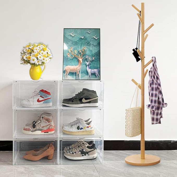 6 Pack XL Shoe Storage Box Organizer,Drop Side Large Shoe Boxes Clear Plastic Stackable Container,Magnetic Sneaker Display Case, Fit up to US 13（13.4”x 10.6”x 8.3”(6 Pack Clear)