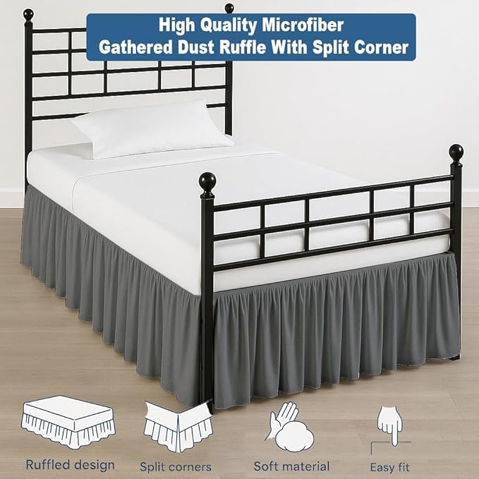 Ruffled Bed Skirt Split Corners with Platform, Tailored Fit Hotel Quality Wrinkle Free Ultra-Soft Microfiber Dust Ruffle, Upto 14 Inch Drop, Twin, Dark Grey